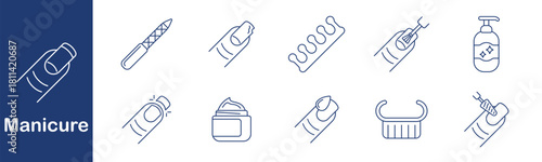 Manicure set icon. Nail, file, polish, separator, gel, cream, brush, cuticle, bottle, tool. Beauty, hygiene, care, hand, cosmetic, shape, design, treatment, salon, gloss.