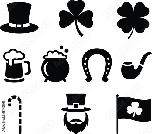 A collection of festive black St. Patrick's Day themed icons including shamrocks, a leprechaun hat, pot of gold, and a beer mug, perfect for Irish celebration designs