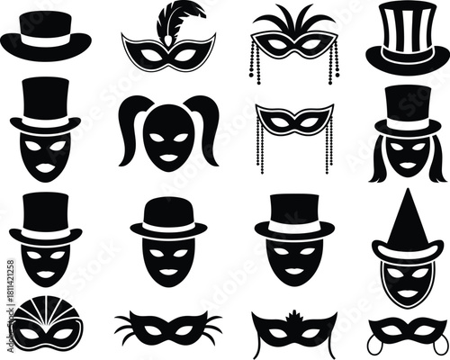 Collection of festive party icons including various designs of carnival masks with feathers, top hats, and mysterious masquerade faces
