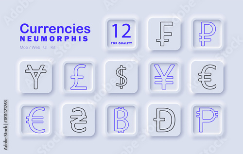 Currencies set icon. World currency signs in neumorphic style: dollar, euro, yen, pound, bitcoin, ruble, hryvnia, peso, lira modern and crypto money units.