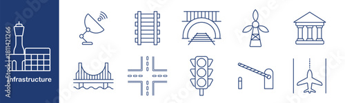Infrastructure set icon. Tower, satellite, railway, bridge, turbine, bank, road, traffic light, barrier, runway. Transport, structure, construction, energy, signal, control, crossing, system.