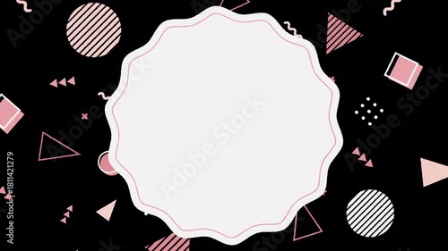 ポップでかわいいギザギザしたバッジ型の見出しと弾け飛ぶメンフィス風の図形/ホワイト