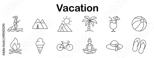 Vacation set icon. Surfboard, mountains, sun, beach ball, palm tree, campfire, flip-flops, cocktail, bicycle, hat, ice cream, yoga in outline minimalist style