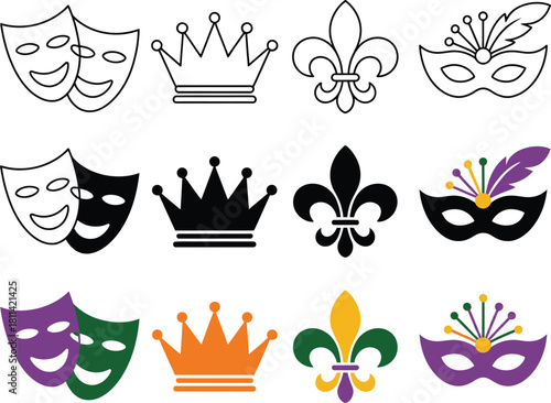 Vibrant and outlined collection of carnival celebration icons, including decorative masks, regal crowns, and classic fleur-de-lis designs, ideal for festive event graphics