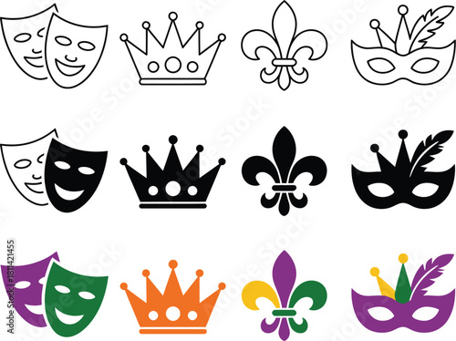 Mardi Gras Icon Set Masks, Crowns, Fleur-de-lis