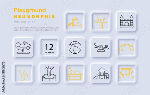 Playground set icon. Slides, trampoline, swing, sandbox, climbing dome, car ride, basketball hoop, kite, beach ball, see-saw rendered in light neumorphic playful theme for children.