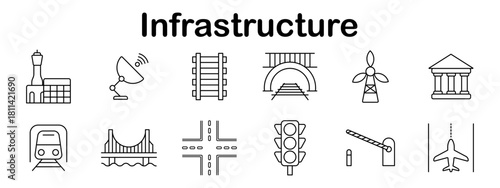 Infrastructure set icon. Line style elements displaying control tower, satellite, railway, tunnel, wind turbine, public building, bridge, train, road, and traffic control tools