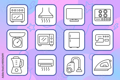 Appliance set icon. Oven, hood, TV, cooktop, scale, microwave, fridge, sewing machine, blender, AC, vacuum, iron. Kitchen, household, electronics, comfort, cleaning.