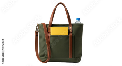 Isolated Stylish modern tote bag with shoulder strap featuring useful pockets and sturdy construction