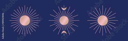 Simple line golden celestial magical sun, sunburst, light rays with moon. Bohemian magic esoteric style vector design, shape, space symbol