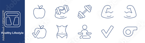 Female fitness set icon. Apple, dumbbell, biceps, waist, checkmark, yoga, whistle. Training, health, goal, motivation, strength, energy, flexibility, shape, habit, care.