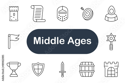 Middle Ages set icon. Castle, scroll, helmet, archer, knight, sword, shield, flag, trophy, barrel, fortress, mace, parchment, tournament, history, armor, weapon, medieval, victory, heritage