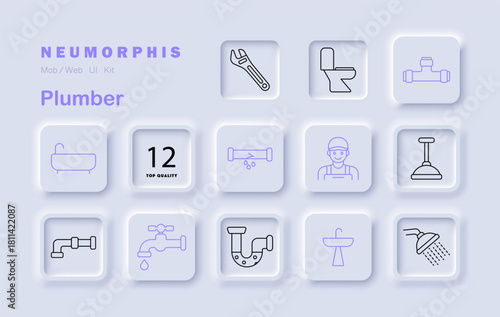Plumber set icon. Shows pipe, wrench, tap, shower, toilet, sink, plunger, leak, faucet, bathtub, fittings, repair tools in service-based UI