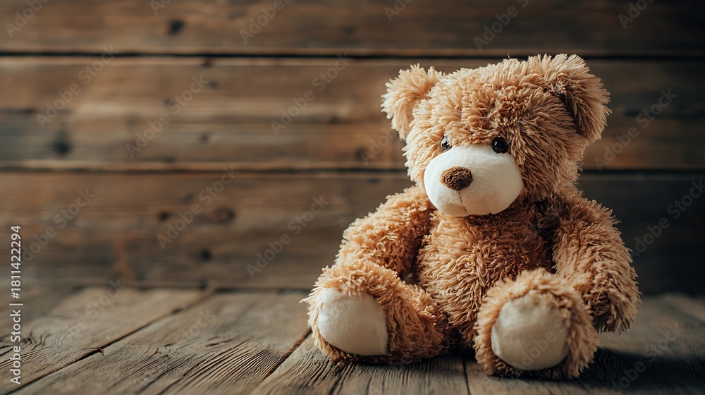 Obraz premium Cozy Teddy Bear on Rustic Wooden Surface with Soft Lighting