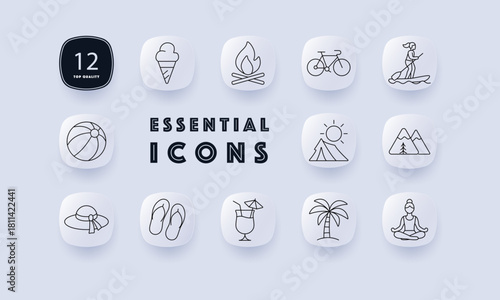 Summer and vacation set icon. Ice cream, campfire, bicycle, paddleboard, beach ball, sun, mountains, hat, flip-flops, cocktail, palm tree, yoga pose on rounded icons.