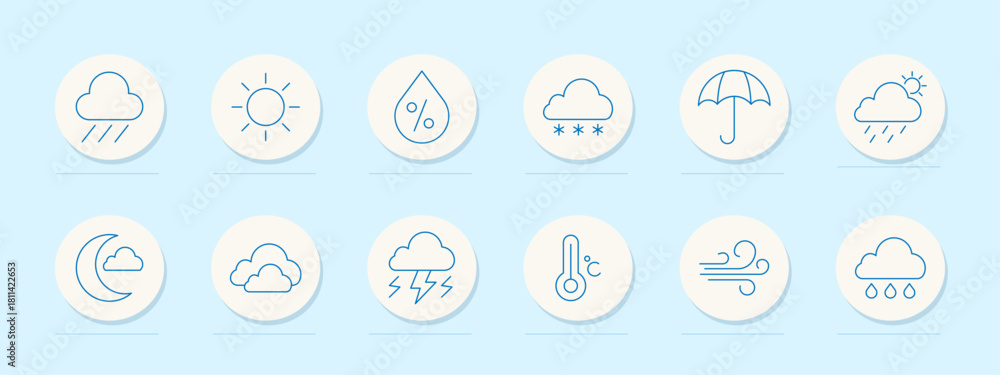 Fototapeta premium Weather set icon. Circular outline icons with sun, clouds, rain, snow, wind, lightning, moon, humidity, temperature, storm, umbrella, and forecast symbols in minimalist design