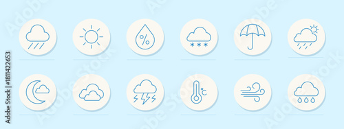 Weather set icon. Circular outline icons with sun, clouds, rain, snow, wind, lightning, moon, humidity, temperature, storm, umbrella, and forecast symbols in minimalist design