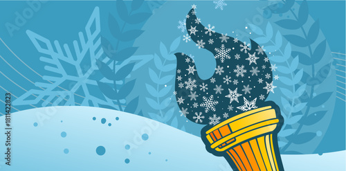 Winter sport torch with snow flakes flame and laurel wreath, vector illustration background with blue copy space