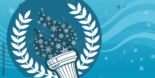 Winter sport torch with snow flakes flame and laurel wreath, vector illustration background with blue copy space