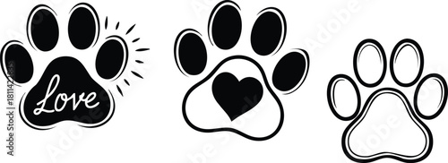 Black and white paw print icons with heart and love text in modern pet design elements