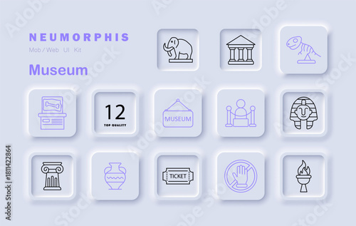 Museum set icon. Shows statue, ticket, torch, gallery, bust, sarcophagus, bone case, vase, pillar, warning sign, barrier in exhibit-themed neumorphic icons