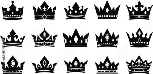 Collection of black silhouette crowns with various royal designs and ornamental shapes in vector style illustration