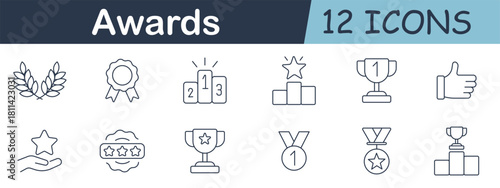 Awards set icon. Laurel wreath, badge, podium, trophy, thumbs up, star, ribbon, medals, and rating plaque outlined in achievement and recognition style.