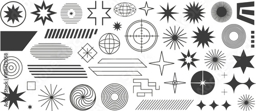 Abstract Brutalist Geometric Shapes Vector Set, Y2K Design Elements, Futuristic Graphic Symbols, Stars, Globes, Circles, Stripes, Lines, and Modern Abstract Art Components.