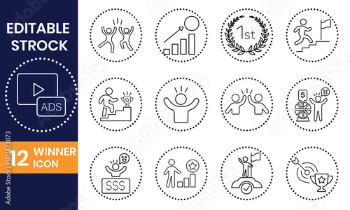 Editable stroke winner icon set showcasing success, achievement, and victory isolated on for diverse applications and designs