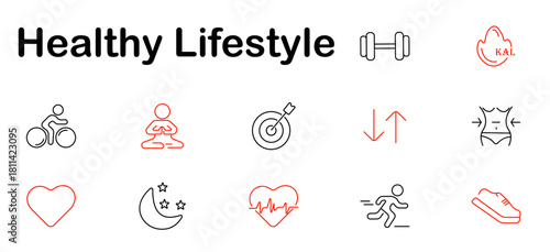 Healthy lifestyle set icon. Bike, yoga, target, arrows, waist, heart rate, moon, shoe, runner, weight loss, goal, sleep, cardio, meditation, body shape.