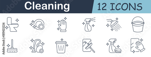 Cleaning set icon. Toilet, sponge, glove, spray bottle, shower head, bucket, broom, vacuum, trash bin, squeegee, soap bottle, and wiping hand in hygiene theme.