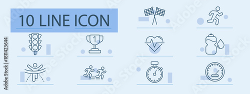 Sports set icon. Line icons showing runner, race, finish, stopwatch, podium, water bottle, nutrition, heart rate, flags, traffic light, achievement