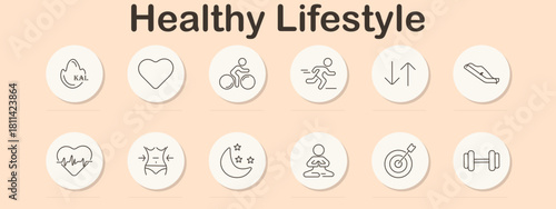 Healthy lifestyle set icon. Calories, heart, cycling, running, balance, weighing scale, pulse, body shape, sleep, meditation, goal, dumbbell.