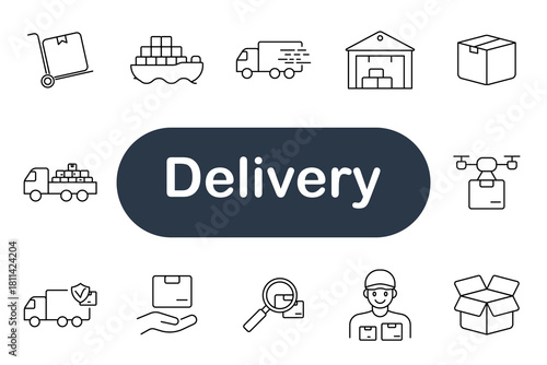 Delivery set icon. Truck, box, warehouse, worker, drone, parcel, ship, hand, search, package, trolley, logistics, transport, courier, map, road, service, distribution, fast, supply