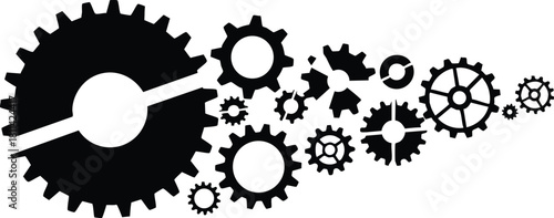 Black mechanical gears illustration showing interconnected industry cogs and wheels in dynamic configuration