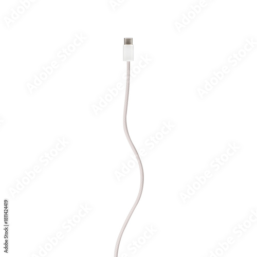 A white fabric-braided USB Type-C cable isolated on a transparent PNG. Ideal for concepts related to business technology, data transfer, connectivity and fast charging for modern devices.