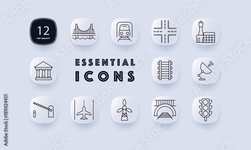 Infrastructure set icon. Bridge, train, runway, traffic light, airport, tunnel, satellite, station, wind turbine, rail, barrier, crossroads, government building shown.