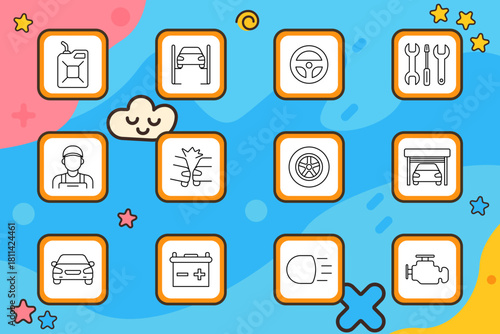 Car repair set icon. Gas can, lift, steering wheel, tools, mechanic, airbag, tire, garage, car, battery, headlight, engine. Automotive, maintenance, service, garage.