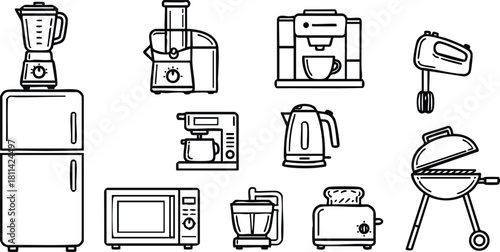 Kitchen appliances collection including blender juicer coffee maker kettle microwave toaster and grill in simple line art style