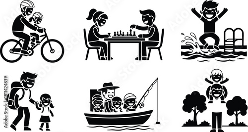 Family enjoying outdoor activities including cycling, chess, swimming, hiking, fishing, and park time in silhouette style