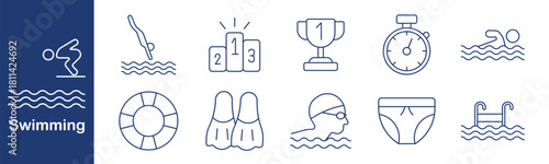 Swimming set icon. Dive, jump, podium, trophy, timer, stroke, ring, fins, cap, shorts, ladder. Sport, pool, water, training, victory, movement, gear, race, competition, discipline.