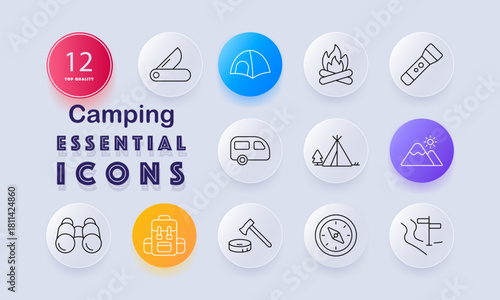 Camping set icon. Folding knife, tent, firewood, flashlight, caravan, tipi, mountain view, binoculars, backpack, axe, compass, map signpost, night gear