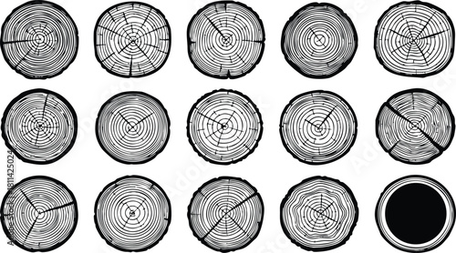 Tree trunk cross sections showing detailed wood rings and natural textures in black and white illustration style perfect for nature design projects