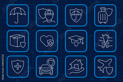Insurance set icon. Shield, umbrella, health, car, house, education, spine, box, heart, travel, safety, risk protection concept.