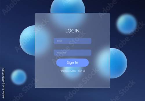 Modern login interface with blue gradient spheres and frosted glass panel on dark background.