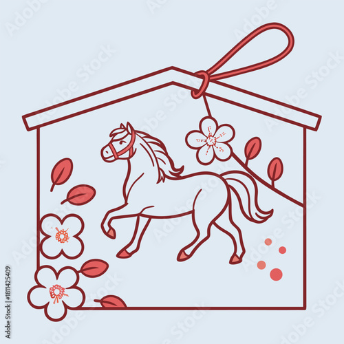 Japanese horse ema vector art: cherry blossom & good fortune - eps file.