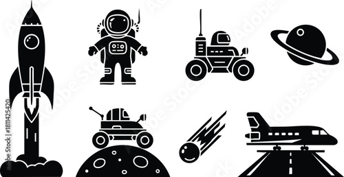 Space exploration icons including rocket launch astronaut rover planet lunar module meteor and space shuttle on runway