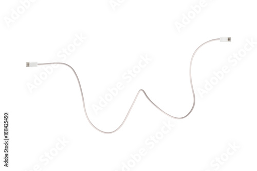 A white fabric-braided USB Type-C cable isolated on a transparent PNG. Ideal for concepts related to business technology, data transfer, connectivity and fast charging for modern devices.