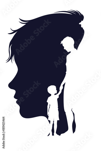 A symbolic illustration showing a child holding an adult’s hand within a larger silhouette, representing inner child healing, emotional growth, memory, and psychological connection.