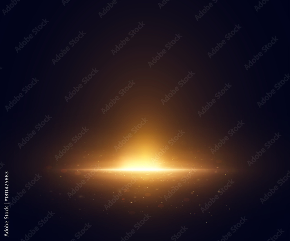 Naklejka premium A warm, glowing light rising from below, with a soft haze and shimmering particles against a dark background. A vector light effect for overlays, fantasy scenes, and atmospheric backgrounds.